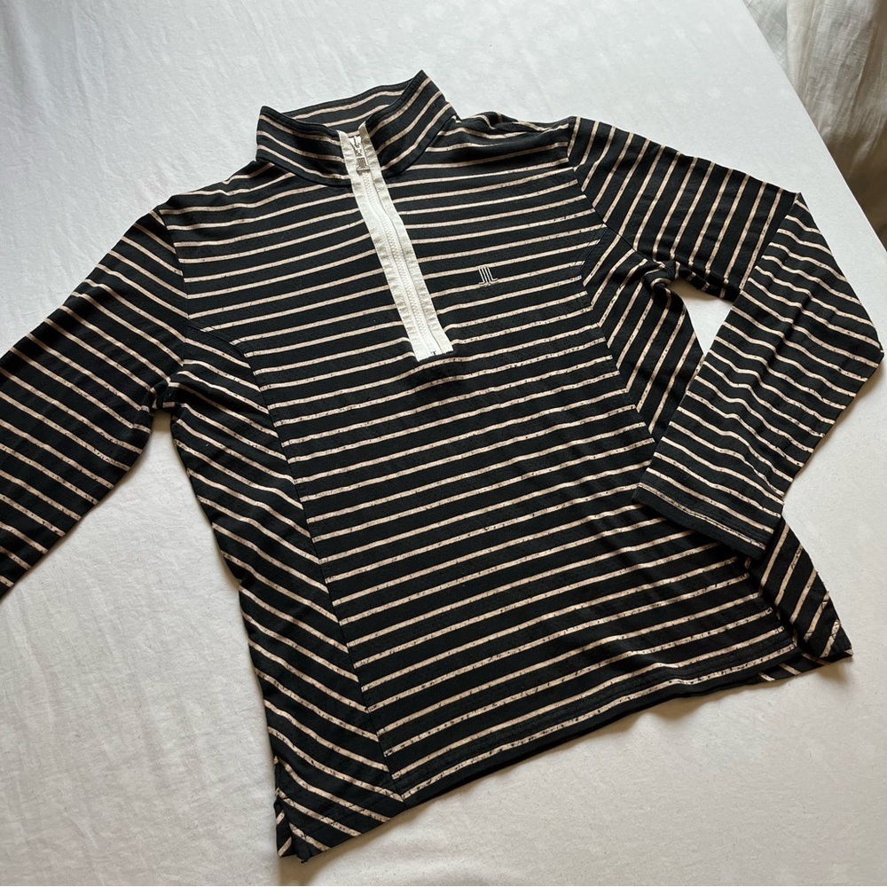 LANVIN‎ vintage black tan striped 1/3 zip up polo mock neck knit long sleeve top